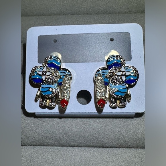 14K Gold Surfer & Surfboard Flower Doll Clover Pavé Iced Out Bling Stud Earrings
